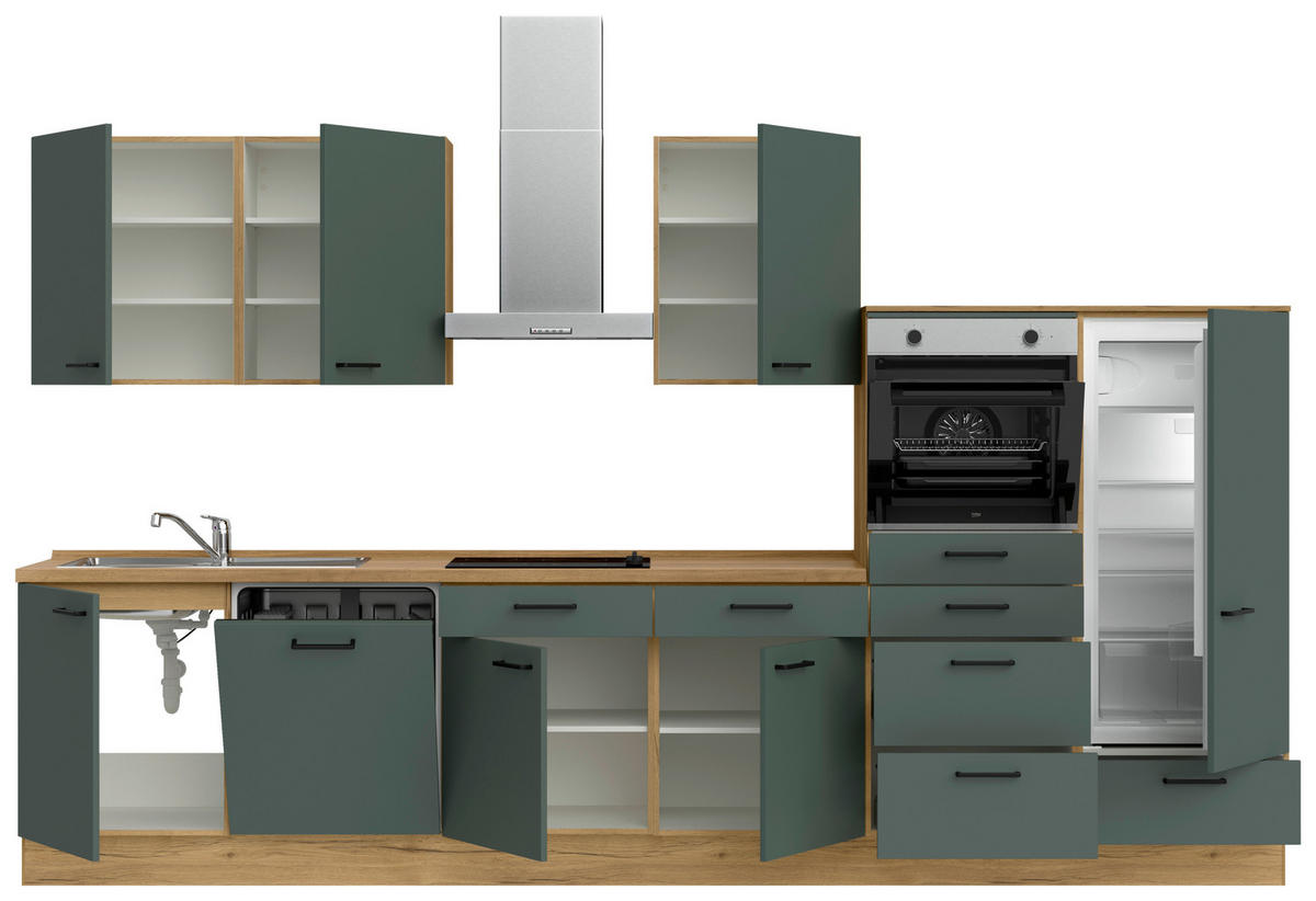 KÜCHENBLOCK Easytouch 360 cm  in Eichefarben, Dunkelgrün  - Dunkelgrün/Eichefarben, MODERN, Holzwerkstoff/Metall (360cm) - Nobilia