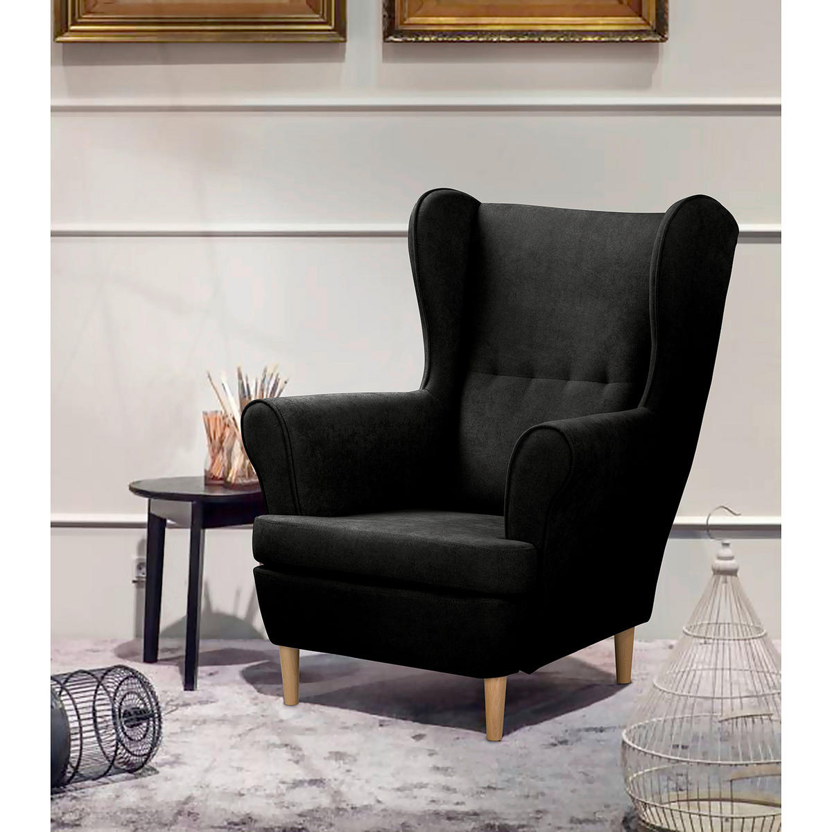 OHRENSESSEL Mikrofaser Schwarz  - Schwarz/Naturfarben, Design, Holz/Textil (87/105/90cm) - Livetastic