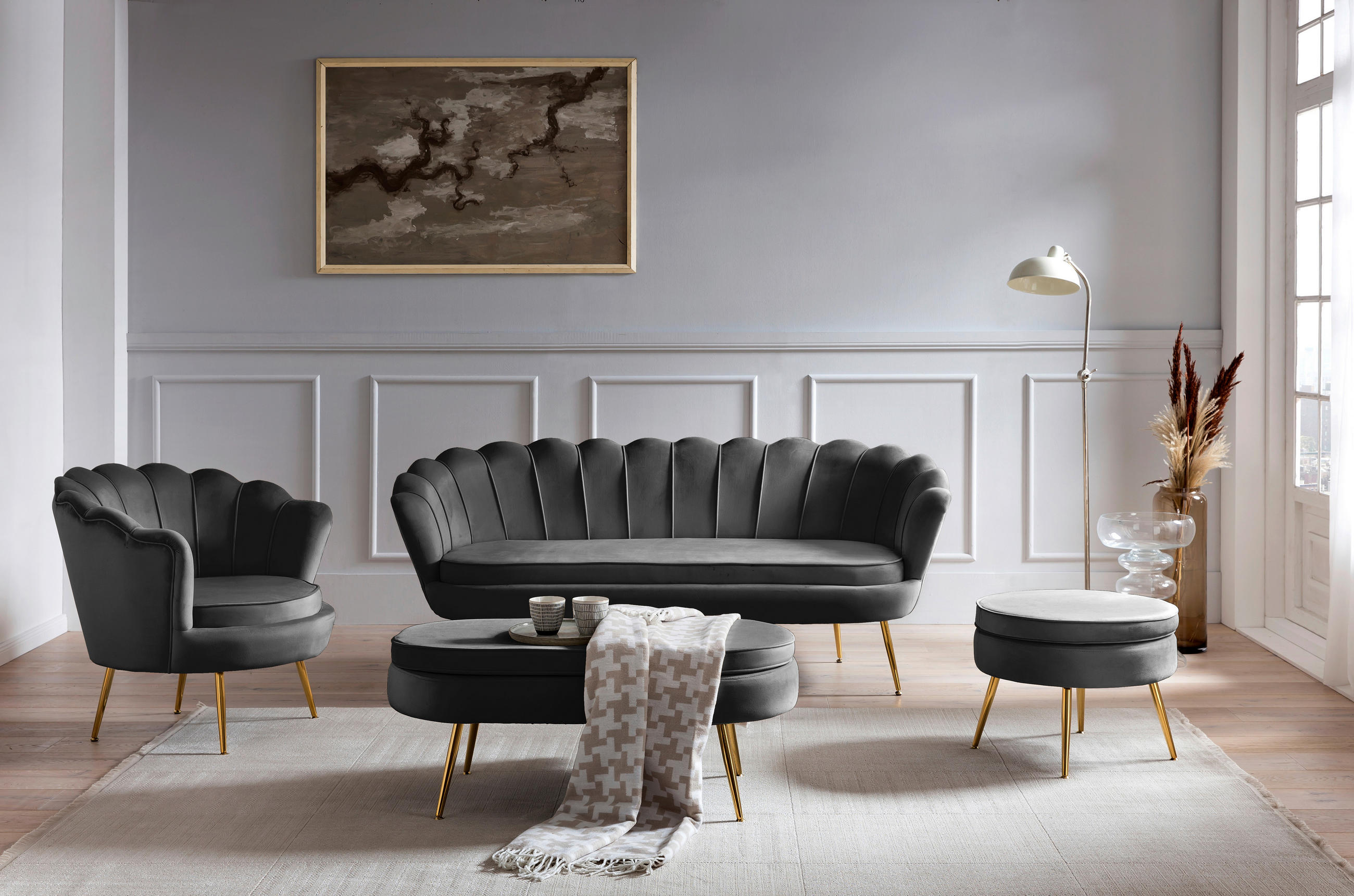 3-SITZER-SOFA in Samt Schwarz - Goldfarben/Schwarz, MODERN, Textil/Metall (180/78/76cm) - Livetastic
