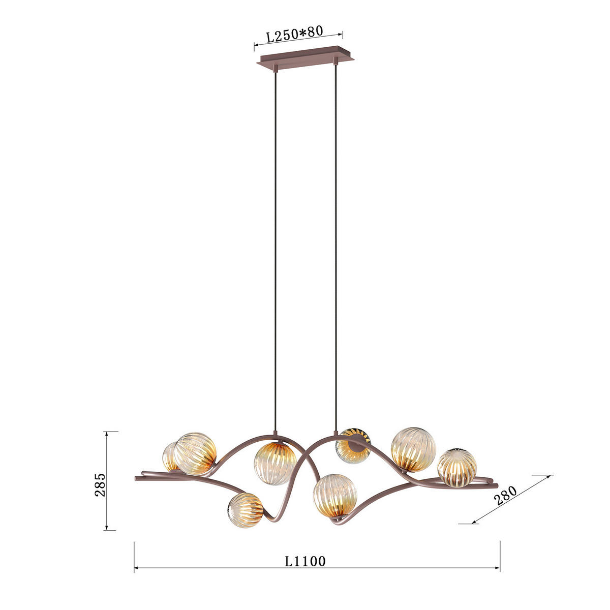 PENDELLEUCHTE 106/25/100 cm  - Cognac, KONVENTIONELL, Glas/Metall (106/25/100cm)