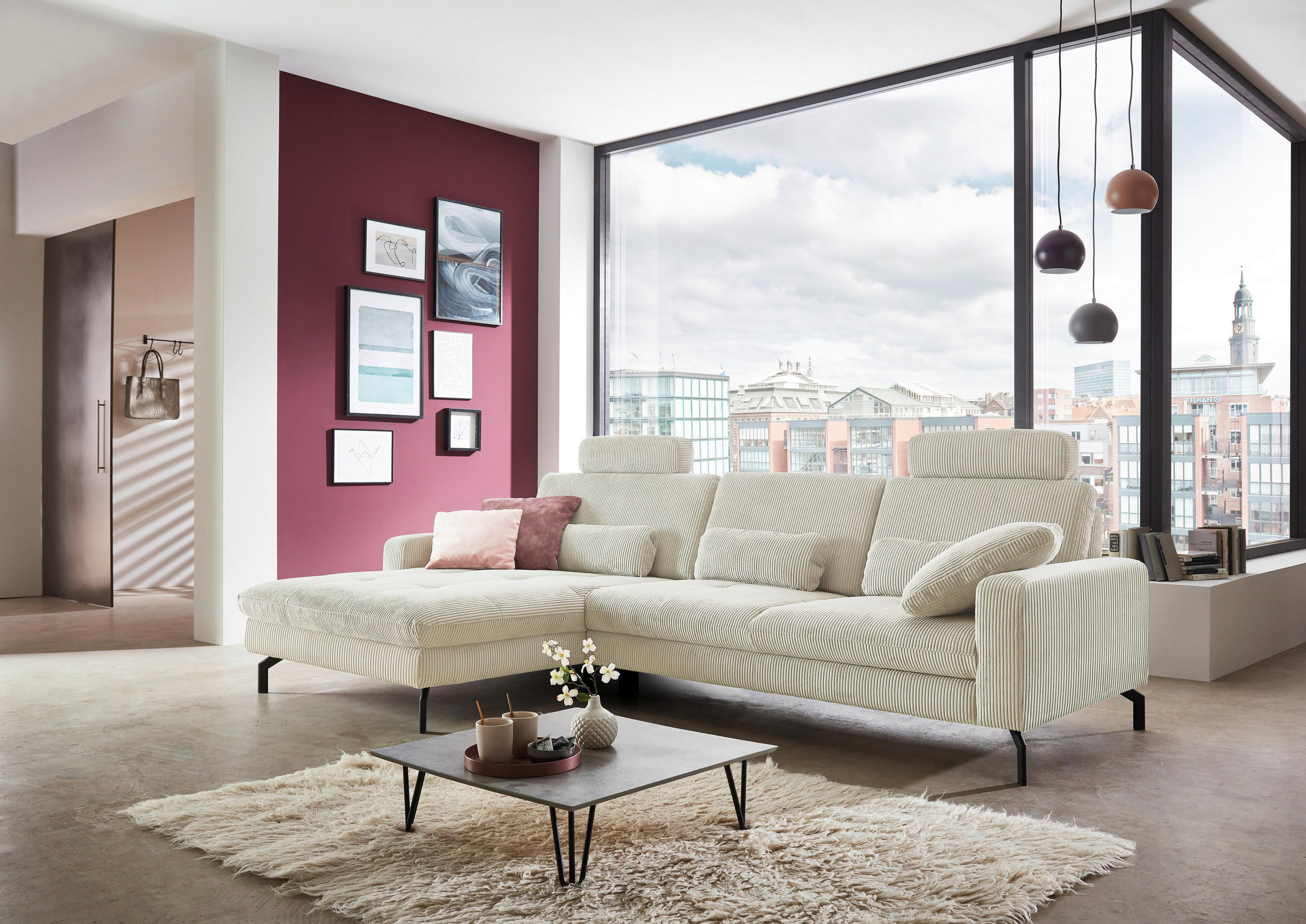 ECKSOFA in Cord Creme  - Creme/Schwarz, Design, Textil/Metall (178/302cm) - Beldomo Style