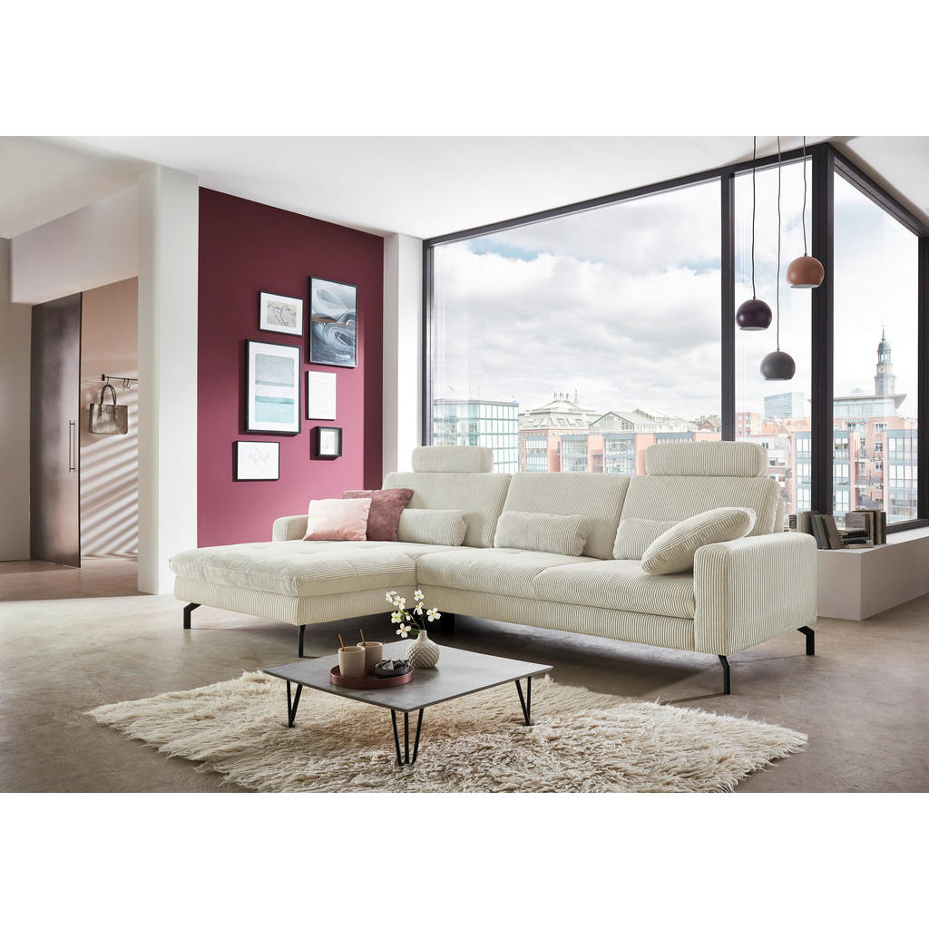 Thumbnail - Carryhome Ecksofa, Creme, Textil, 3-Sitzer, Ottomane links, L-Form, 302x178 cm, Goldenes M, Made in EU, Stoffauswahl, se...