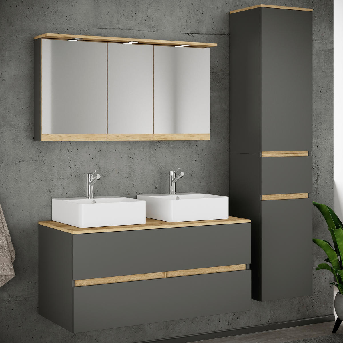 BADEZIMMER 5-teilig  in 151 cm  - Honigeiche/Anthrazit, Trend, Keramik/Holzwerkstoff (151cm) - MID.YOU
