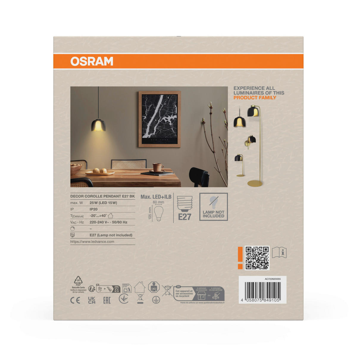 PENDELLEUCHTE 20/121,5 cm  - Schwarz, Basics, Glas/Metall (20/121,5cm) - Osram