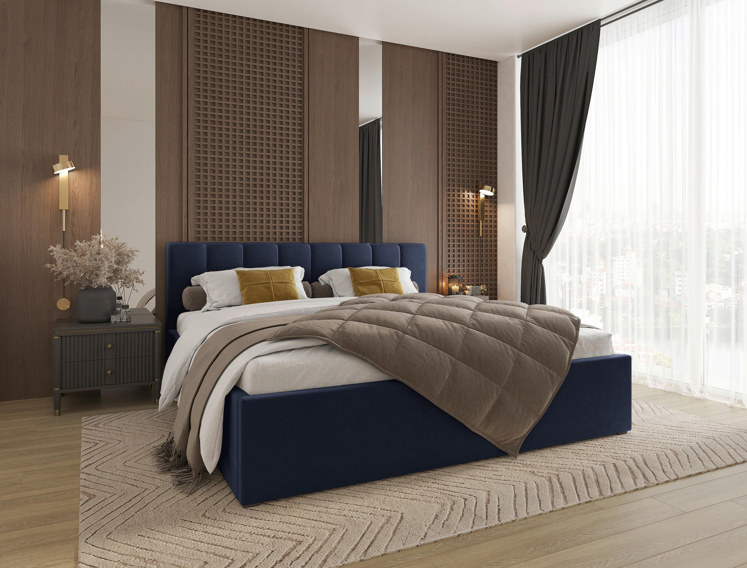 POLSTERBETT 180/200 cm  in Dunkelblau  - Schwarz/Naturfarben, Design, Holz/Kunststoff (180/200cm) - Stylife