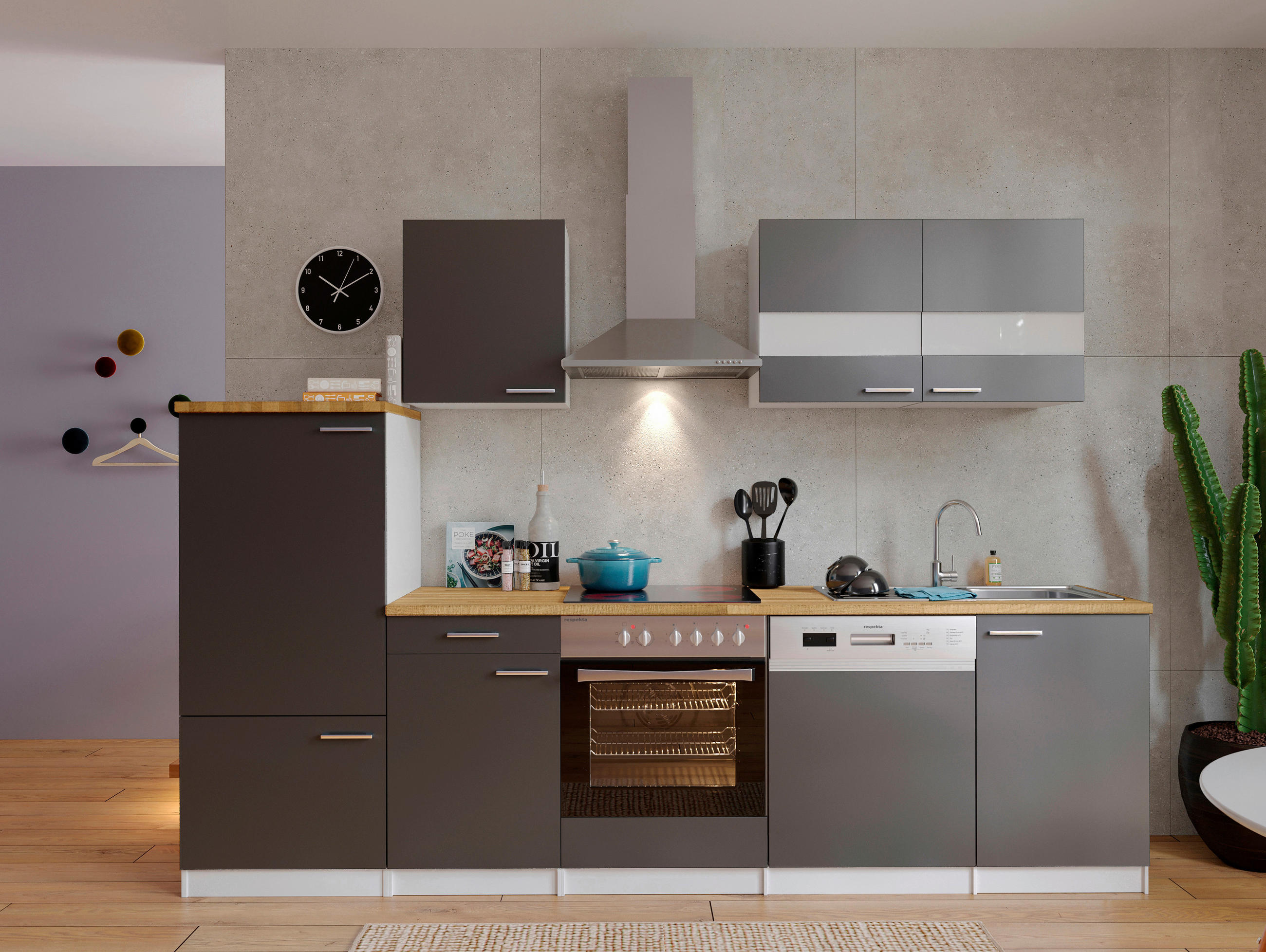 KÜCHENBLOCK 280 cm   in Grau  - Edelstahlfarben/Nussbaumfarben, Basics, Holzwerkstoff/Metall (280cm) - Respekta