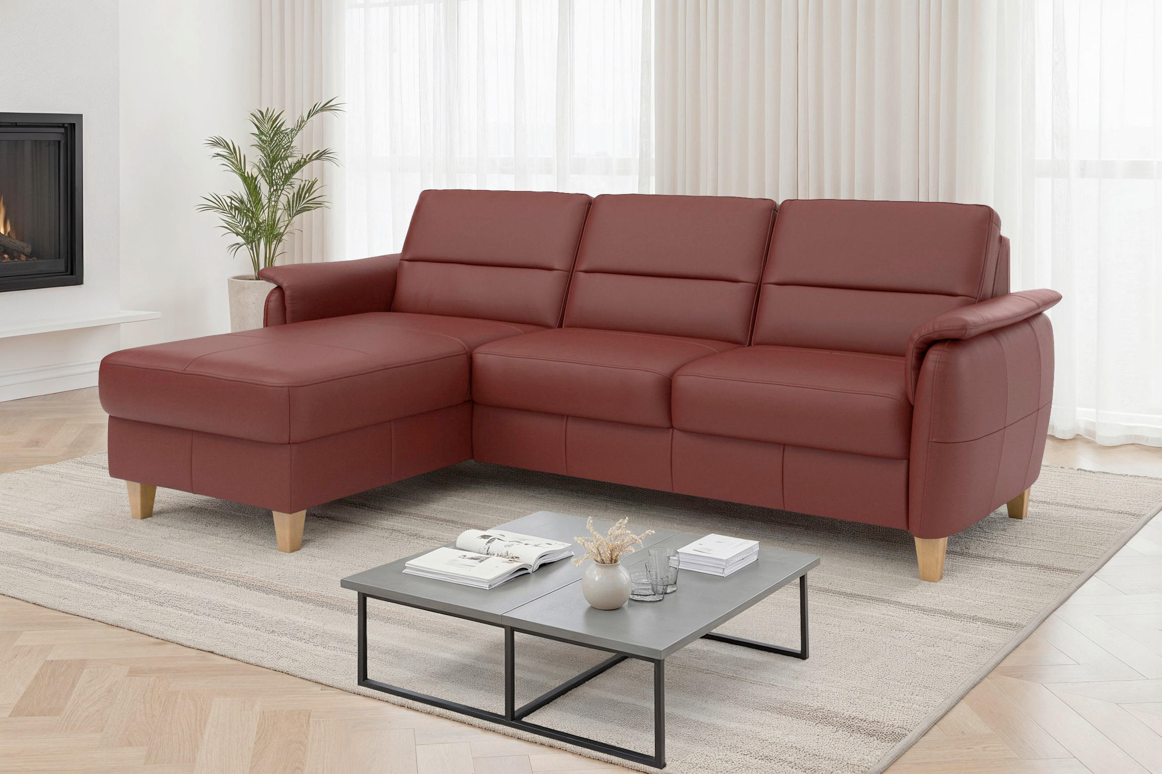 ROHOVÁ SEDAČKA, koža, červenohnedá - červenohnedá/farba duba, Basics, koža/drevo (163/244cm) - Sit & More