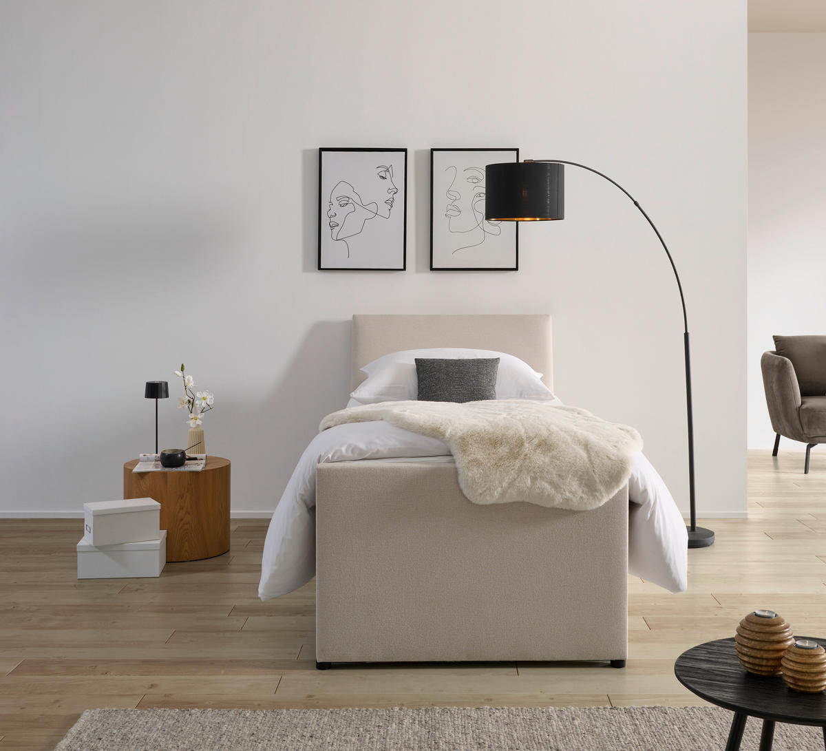 BOXSPRINGBETT 120/200 cm  in Creme  - Creme/Schwarz, Modern, Holz/Textil (120/200cm) - MID.YOU