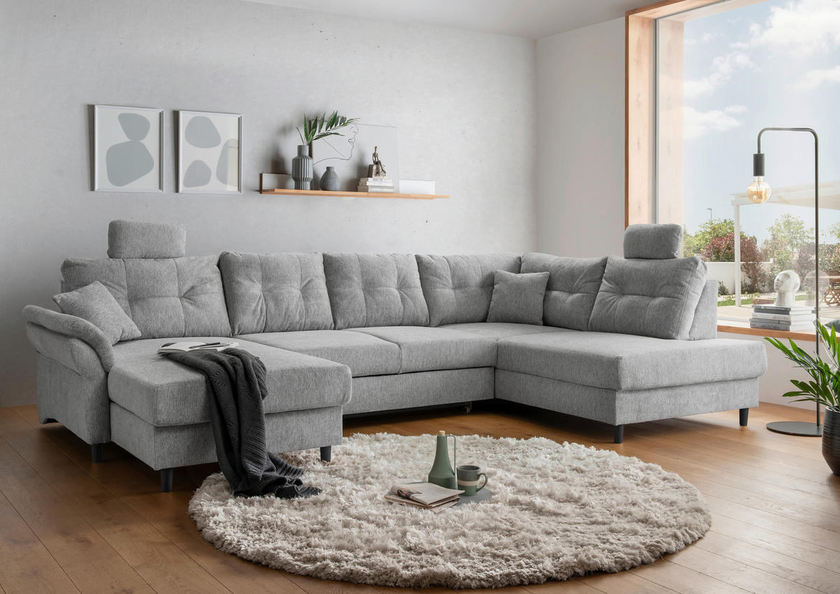 WOHNLANDSCHAFT in Chenille Silberfarben  - Silberfarben/Schwarz, Modern, Holz/Textil (176/338/206cm) - Livetastic