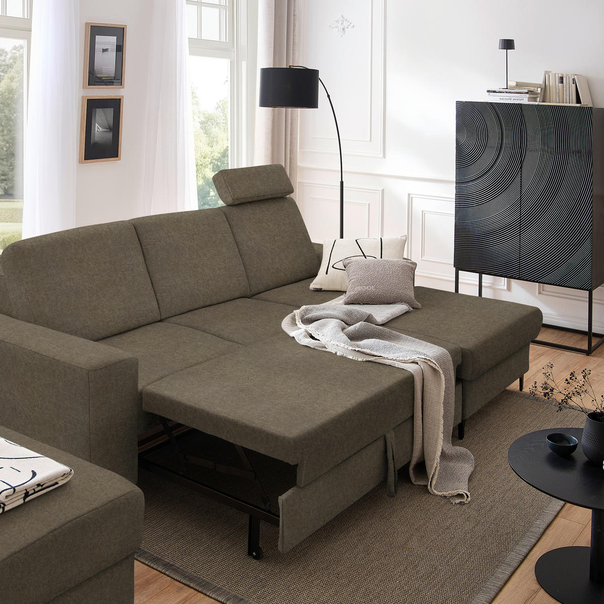 ECKSOFA in Velours Braun  - Schwarz/Braun, Konventionell, Textil/Metall (247/167cm) - Stylife