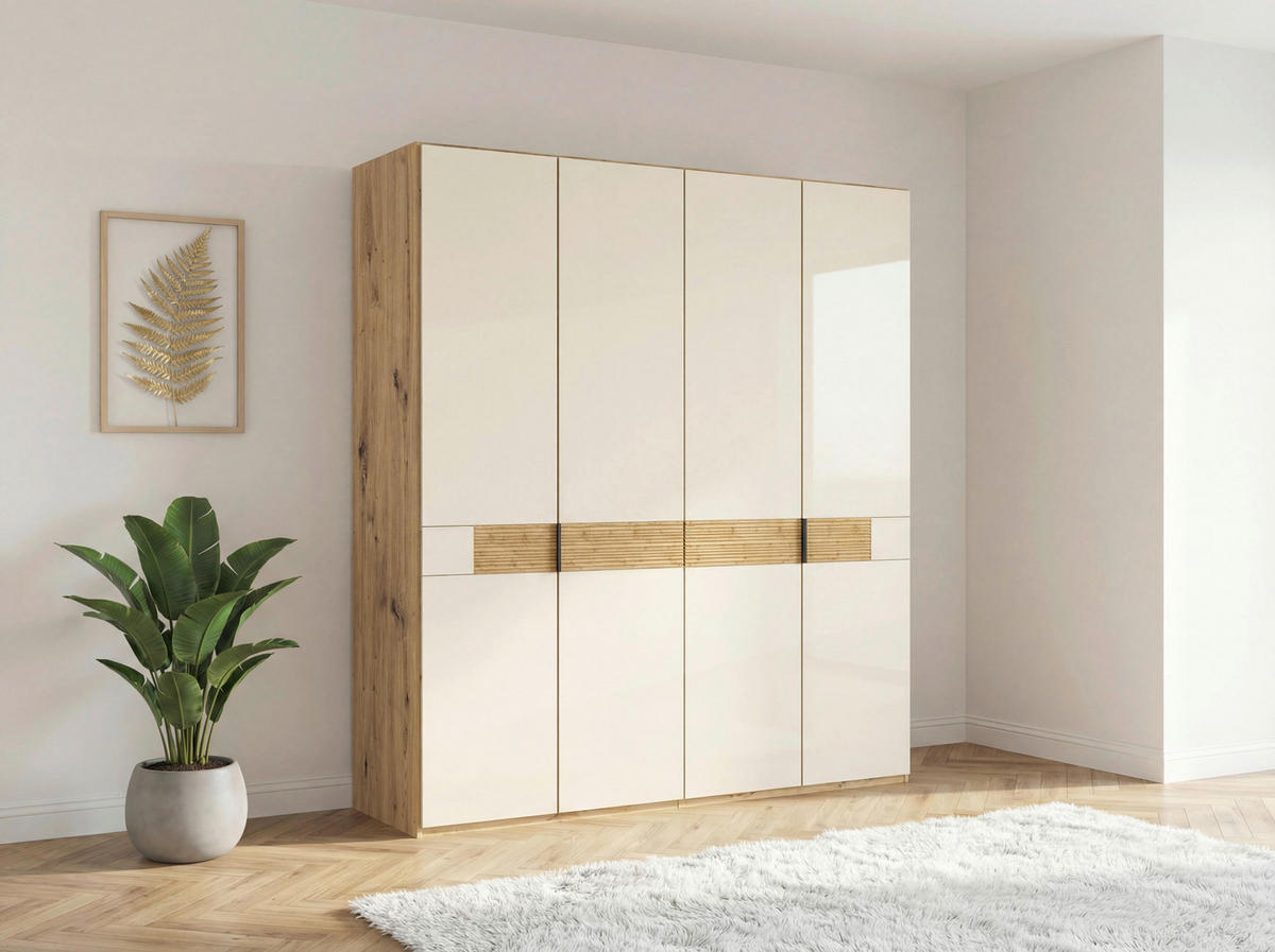 DREHTÜRENSCHRANK 200/216/58 cm,  in Champagner, Eiche Bianco, 4 Tür(en)  - Schieferfarben/Eiche Bianco, Design, Glas/Holz (200/216/58cm) - Musterring
