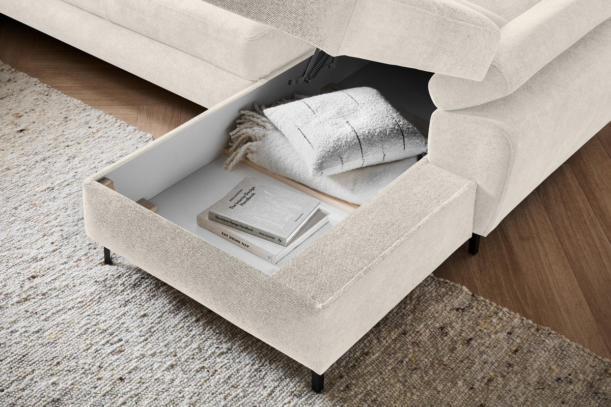 WOHNLANDSCHAFT inkl. Funktion Beige Flachgewebe  - Beige/Schwarz, MODERN, Textil/Metall (206/333/180cm) - Stylife