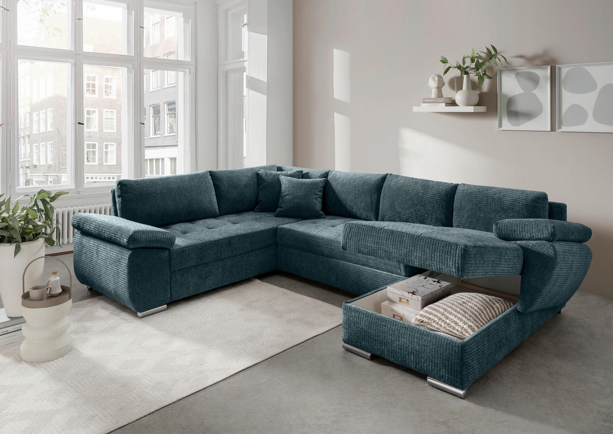 Wohnlandschaft Blau Mikrofaser  - Chromfarben/Blau, KONVENTIONELL, Textil (219/305/157cm) - Livetastic