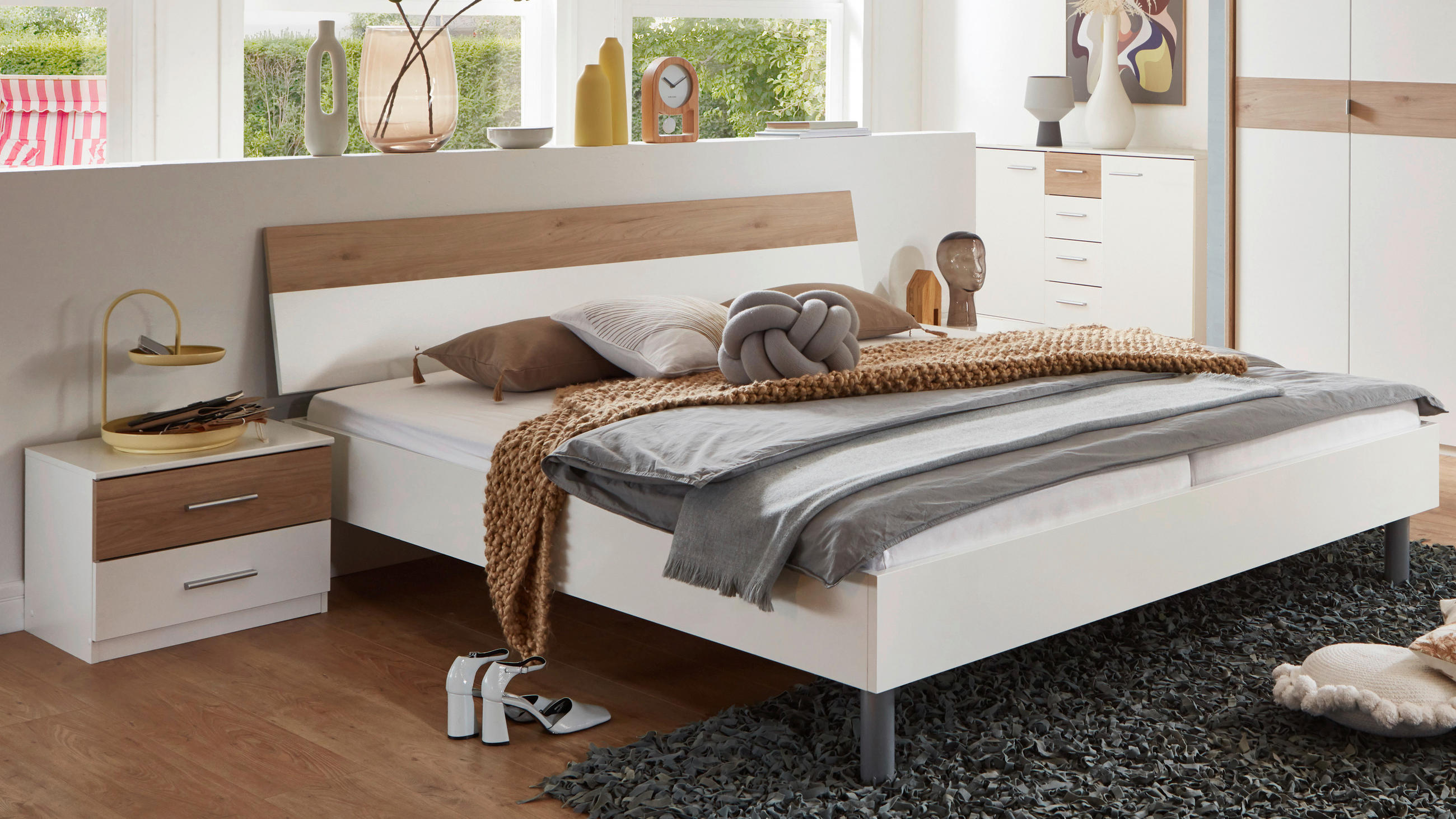 SET KREVETA I NOĆNIH ORMARIĆA     bijela, boje hrasta  - bijela/boje hrasta, Moderno, drvni materijal