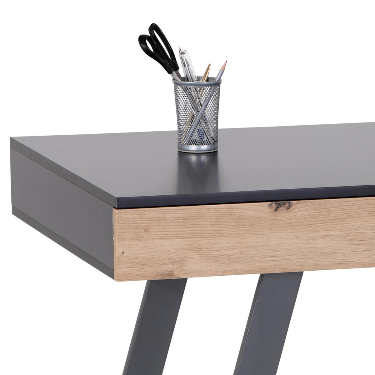 SCHREIBTISCH 140/60/76 cm, Grau, Eichefarben, Kabeldurchlass, Stauraum  - Eichefarben/Grau, MODERN, Holzwerkstoff/Metall (140/60/76cm) - MID.YOU