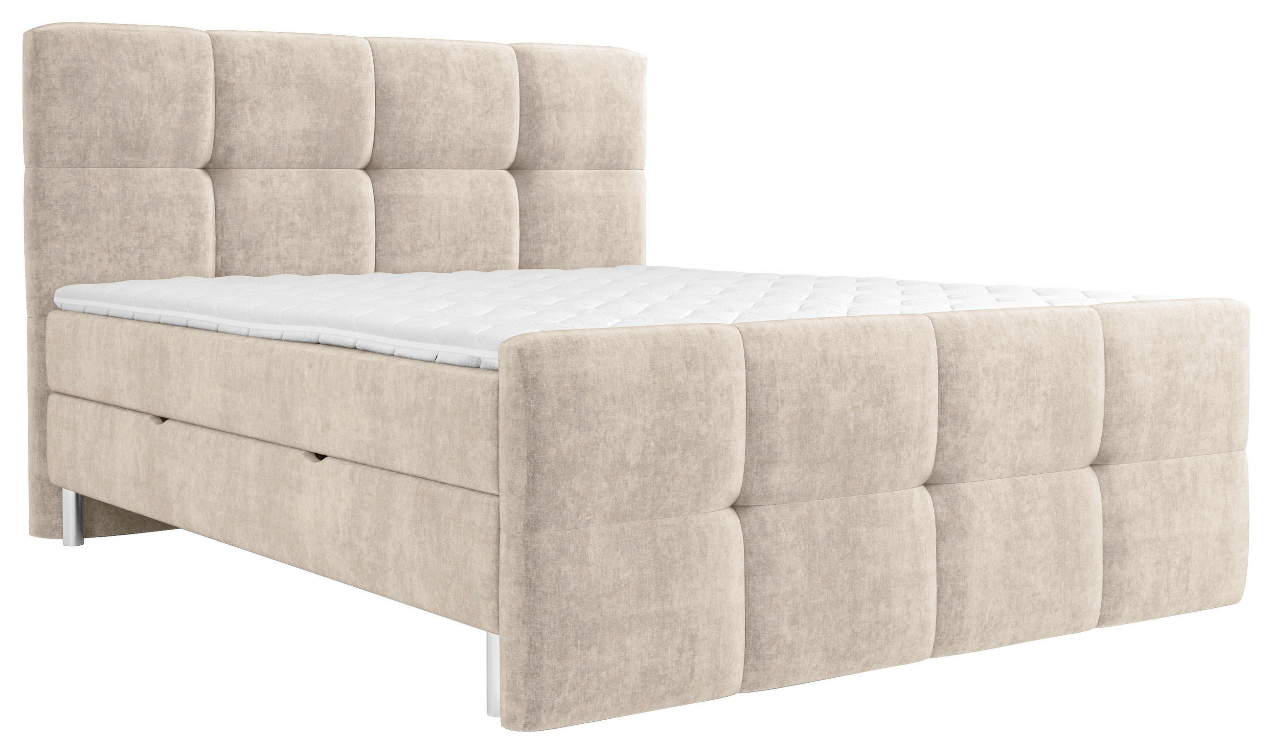 BOXBETT 140/200 cm,  in Beige, gepolstertes Kopfteil, Bettkasten, Topper, H3 = fest  - Chromfarben/Beige, Design, Holz/Holzwerkstoff (140/200cm) - Esposa