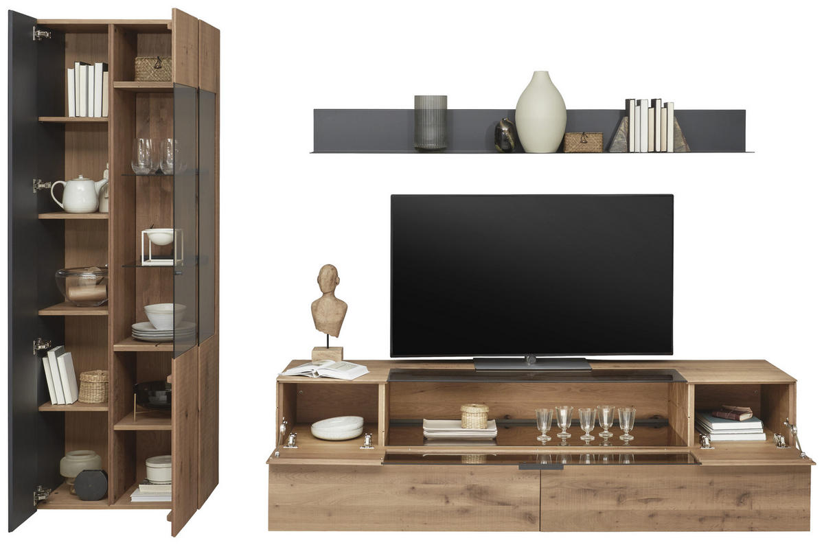 WOHNWAND  in Anthrazit, Eichefarben  296/206/55 cm  - Edelstahlfarben/Eichefarben, Natur, Glas/Holz (296/206/55cm) - Valnatura