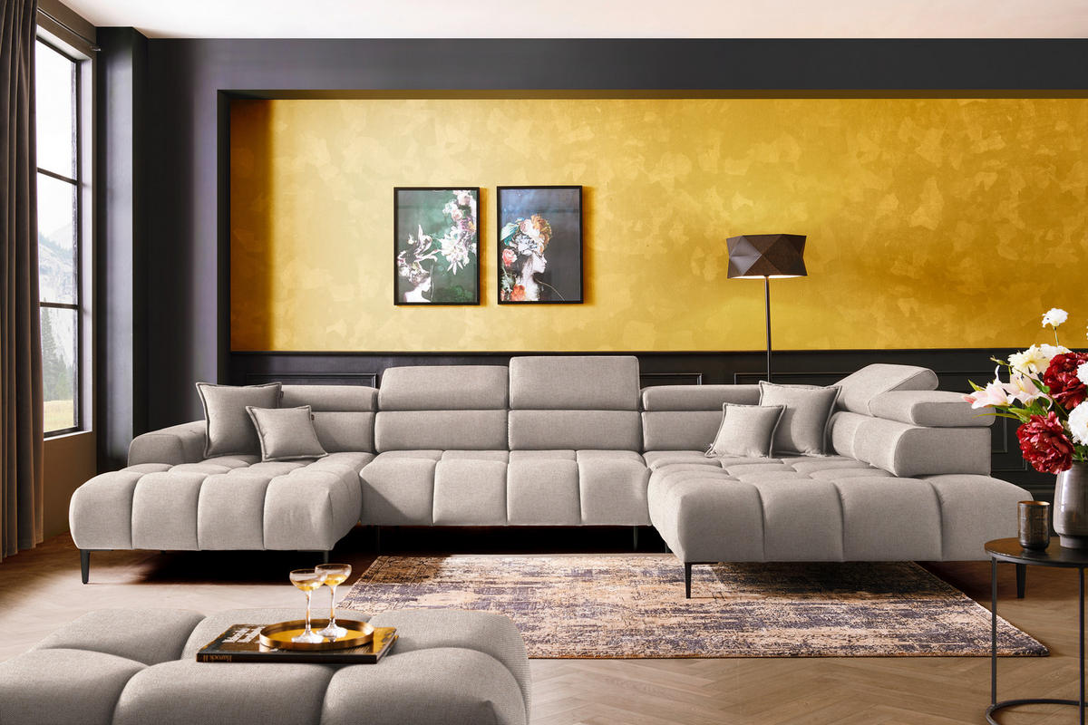 WOHNLANDSCHAFT in Webstoff Beige  - Beige/Schwarz, Design, Textil/Metall (177/385/216cm) - Welnova