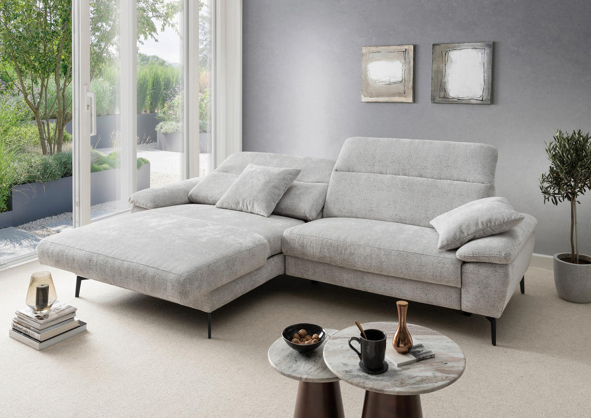ECKSOFA CANCELLI Silberfarben Chenille Zierkissen, Relaxfunktion  - Silberfarben/Schwarz, KONVENTIONELL, Textil/Metall (178/300cm) - Livetastic