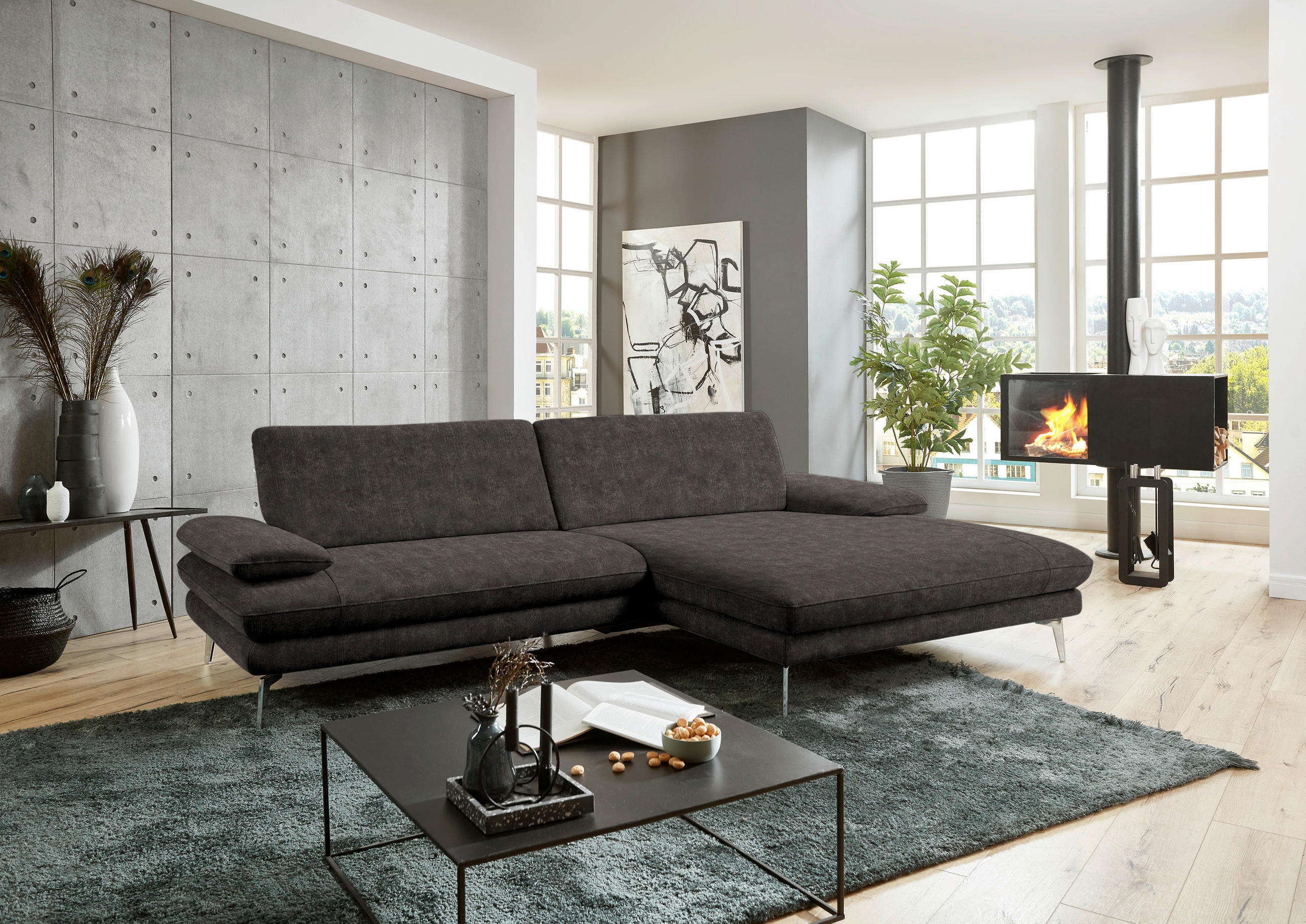 ECKSOFA in Velours Dunkelbraun  - Dunkelbraun/Schwarz, Design, Textil/Metall (284/184cm) - Dieter Knoll