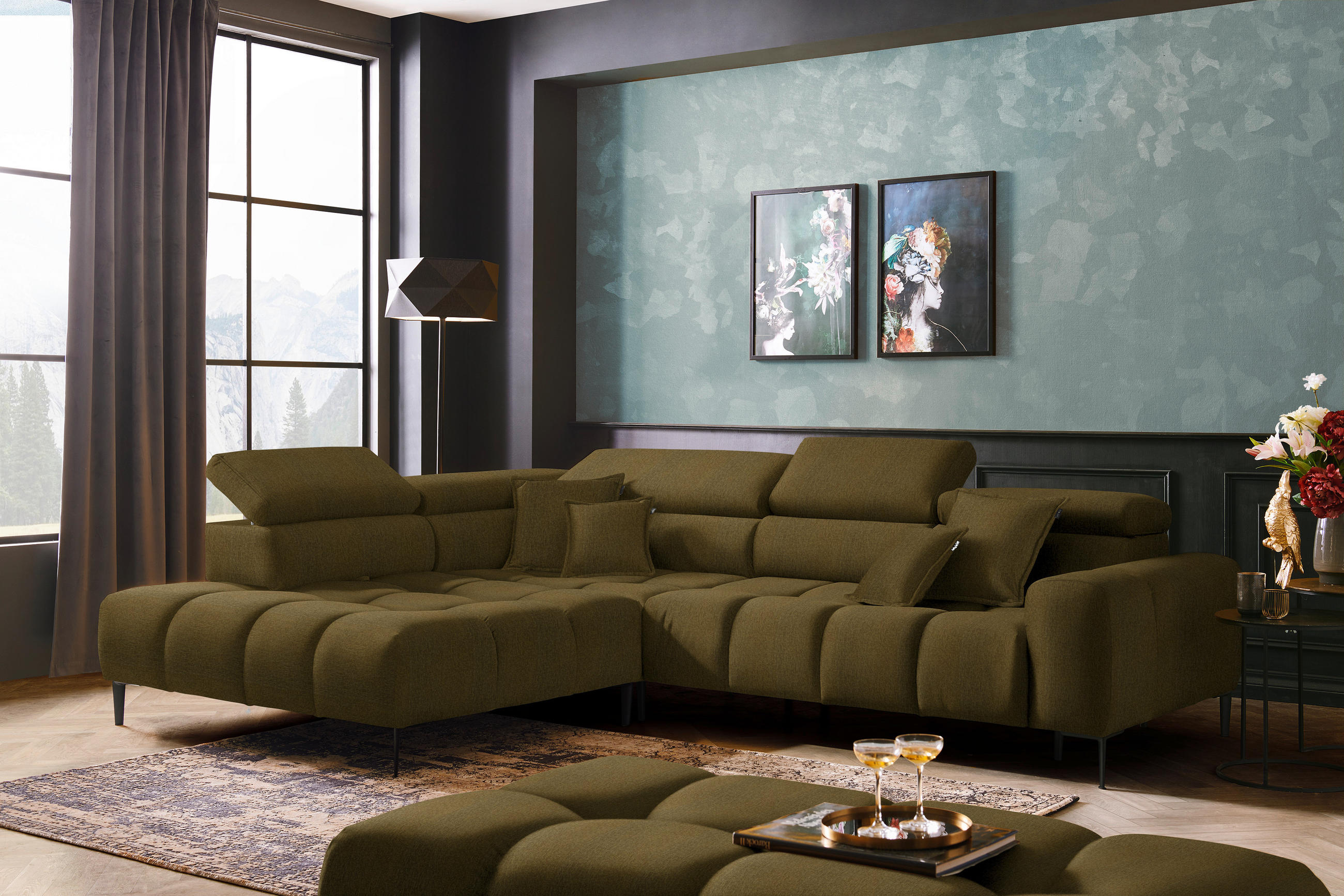 ECKSOFA in Samt, Webstoff Olivgrün  - Schwarz/Olivgrün, Design, Textil/Metall (216/300cm) - Welnova