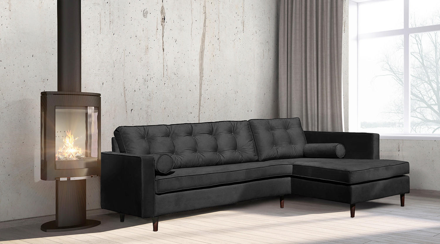 ECKSOFA Mikrofaser Schwarz  - Schwarz/Braun, Design, Holz/Textil (240/169cm) - P & B