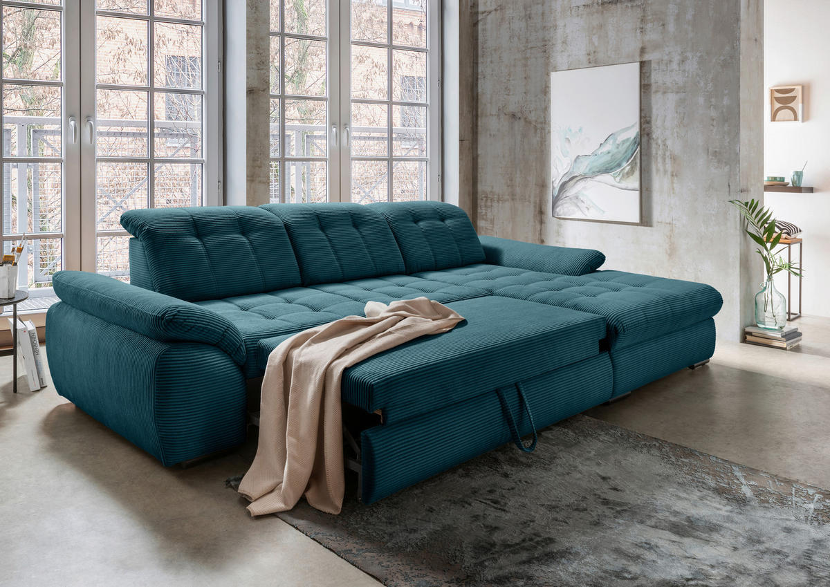 ECKSOFA in Cord Petrol  - Petrol/Schwarz, Modern, Textil/Metall (314/184cm) - Livetastic