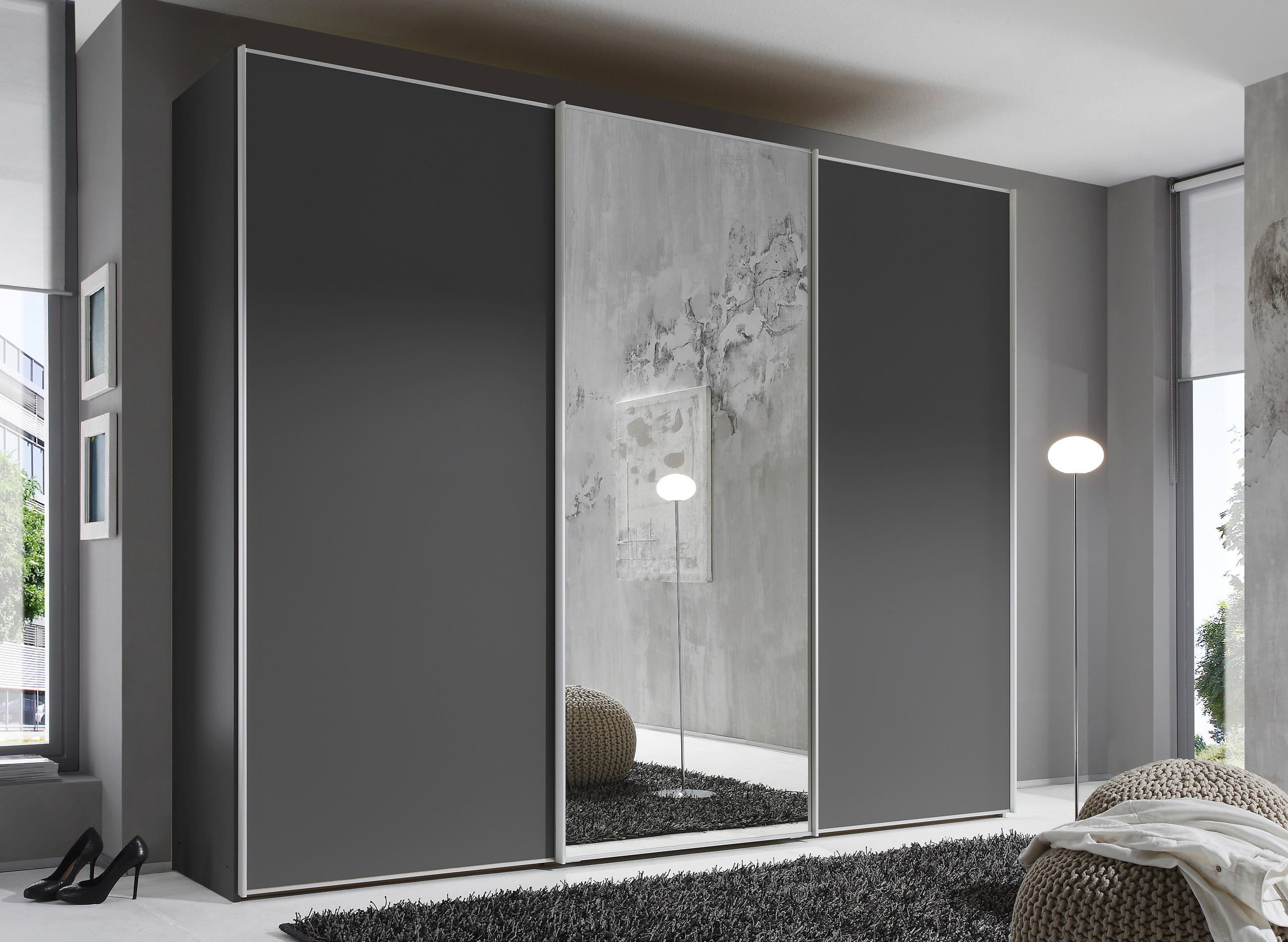 SCHWEBETÜRENSCHRANK in Dunkelgrau  - Dunkelgrau/Alufarben, Design, Glas/Holzwerkstoff (280/222/68cm) - Moderano