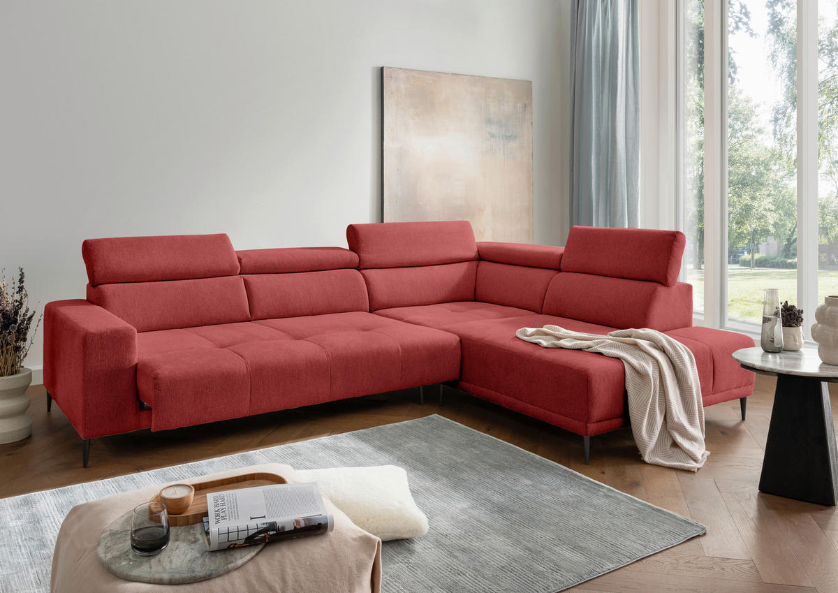 ECKSOFA INTERA Rot Struktur Kopfteilverstellung, Sitzvorzug  - Rot/Schwarz, KONVENTIONELL, Textil/Metall (305/225cm) - Livetastic