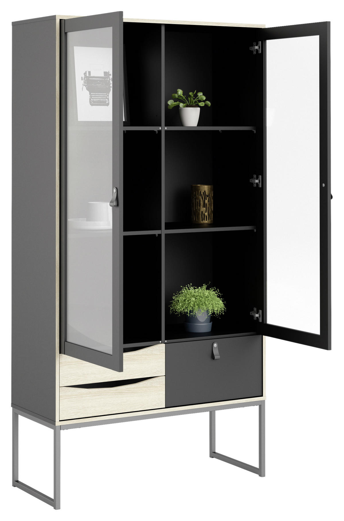 VITRINSKÅP i delar i massivt trä svart, ekfärgad  - svart/ekfärgad, Design, metall/trämaterial (98/189/40cm) - Best Price