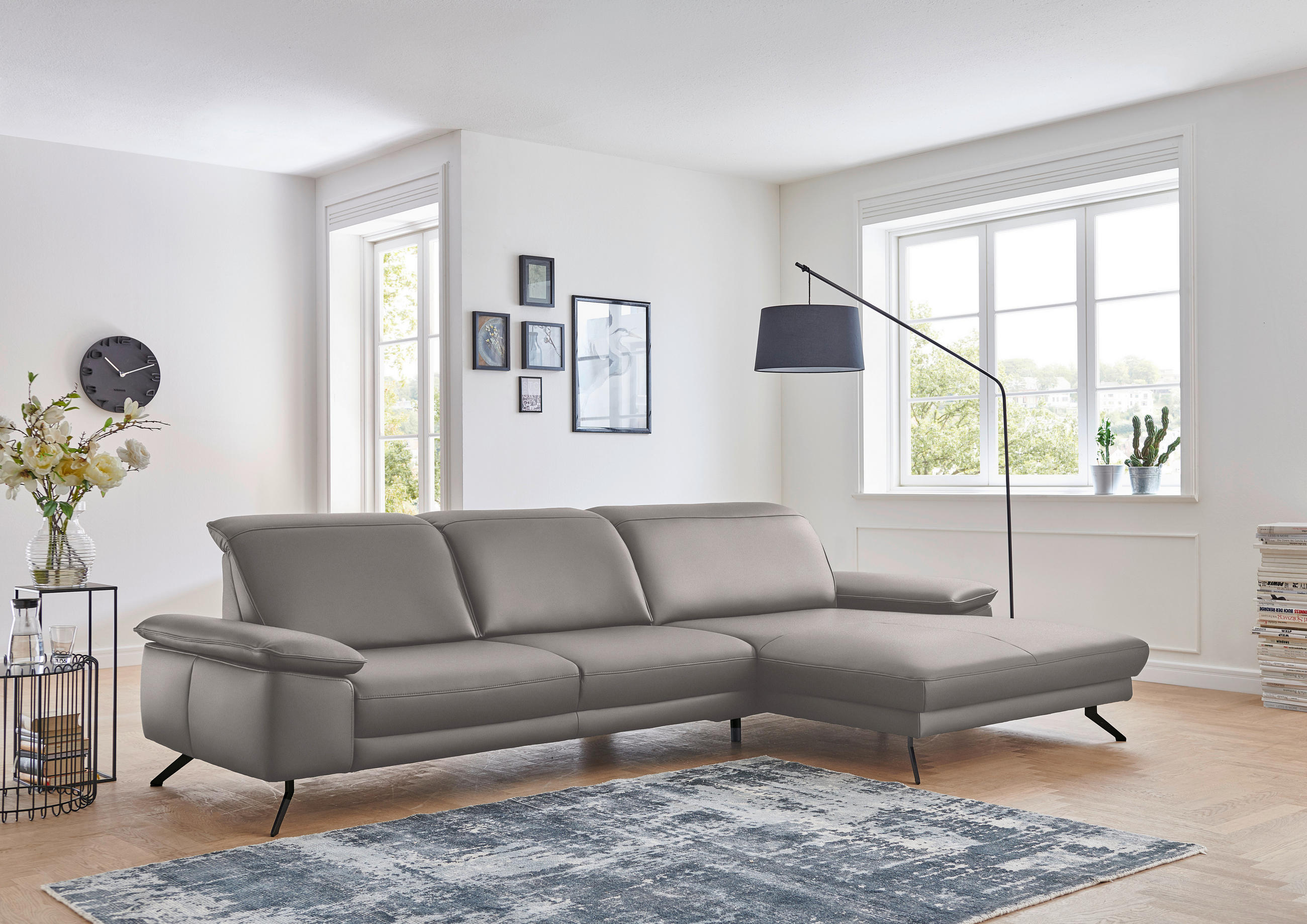ECKSOFA in Echtleder Grau  328/193 cm  - Schwarz/Grau, Design, Leder/Metall (328/193cm) - Dieter Knoll