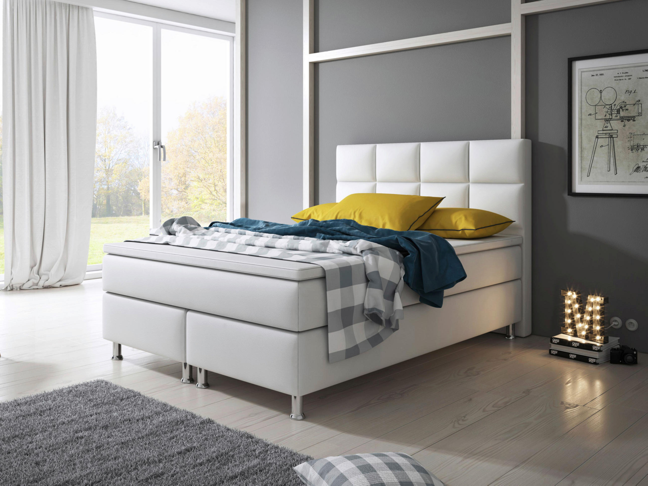 Boxspringbett mit topper  in Weiß  - Silberfarben/Weiß, KONVENTIONELL, Leder/Textil (140/115/210cm) - MID.YOU