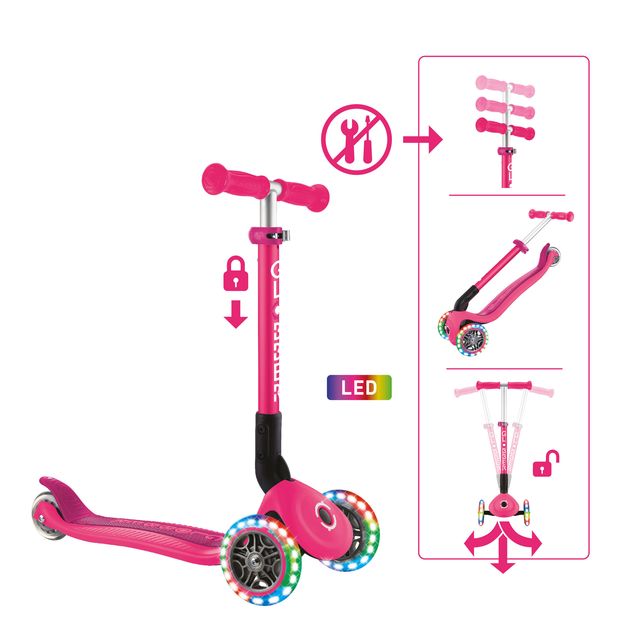KINDERSCOOTER JUNIOR FOLDABLE LIGHTS  - Pink, LIFESTYLE, Kunststoff (56/28,6/68cm) - GLOBBER
