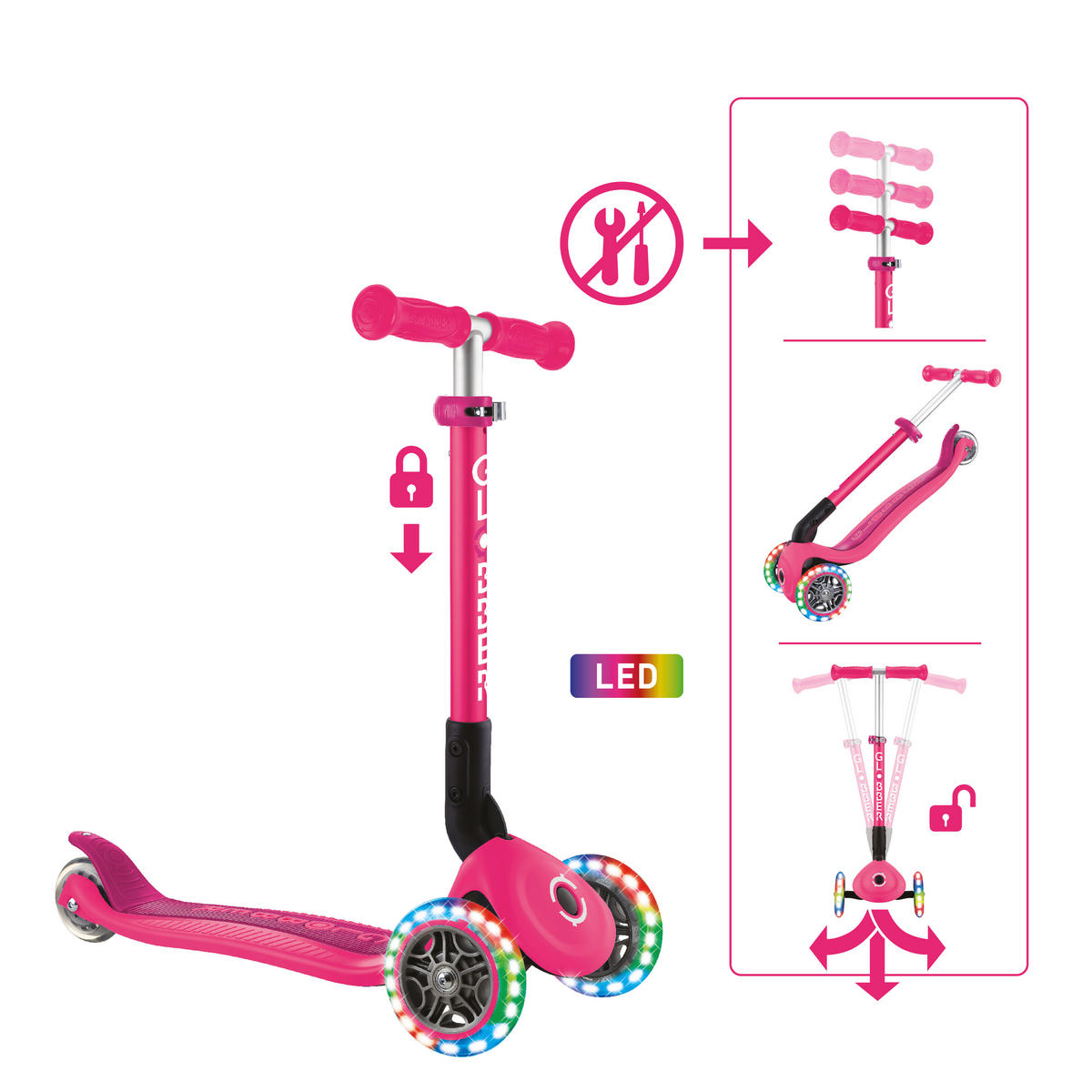 KINDERSCOOTER JUNIOR FOLDABLE LIGHTS  - Pink, LIFESTYLE, Kunststoff (56/28,6/68cm) - GLOBBER