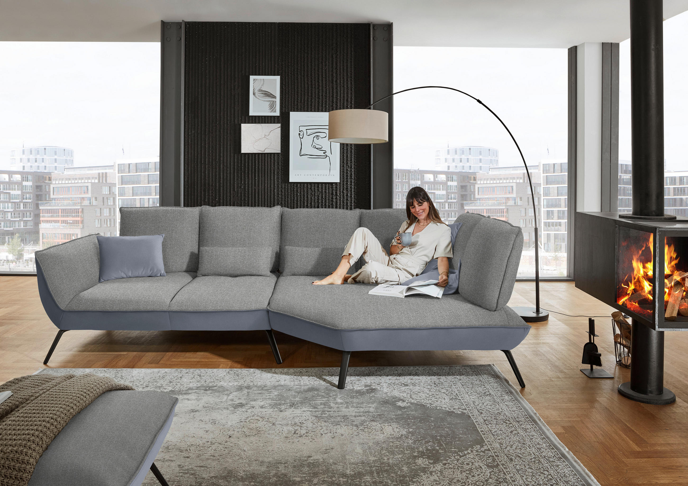 ECKSOFA in Flachgewebe Hellgrau  - Hellgrau/Schwarz, Design, Textil/Metall (320/169cm) - Moderano