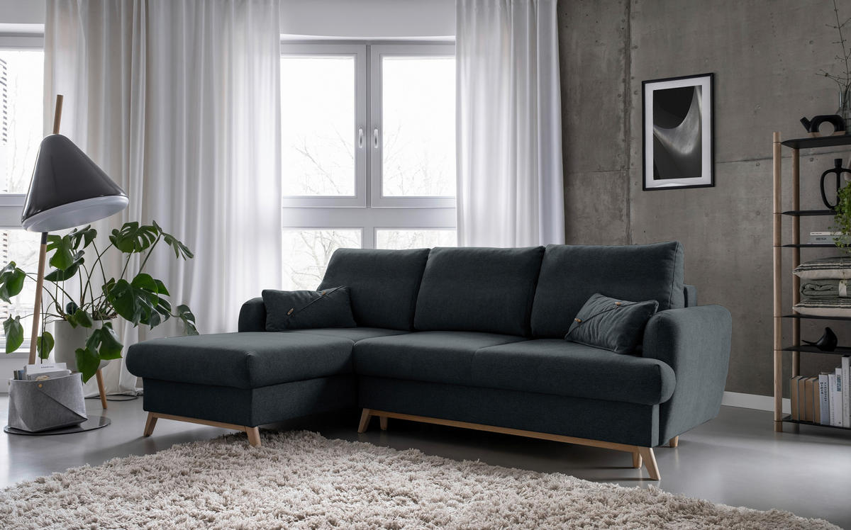 KUTNA GARNITURA tekstil  tamno siva   - tamno siva/prirodne boje, tekstil/drvo (157/235cm) - MID.YOU