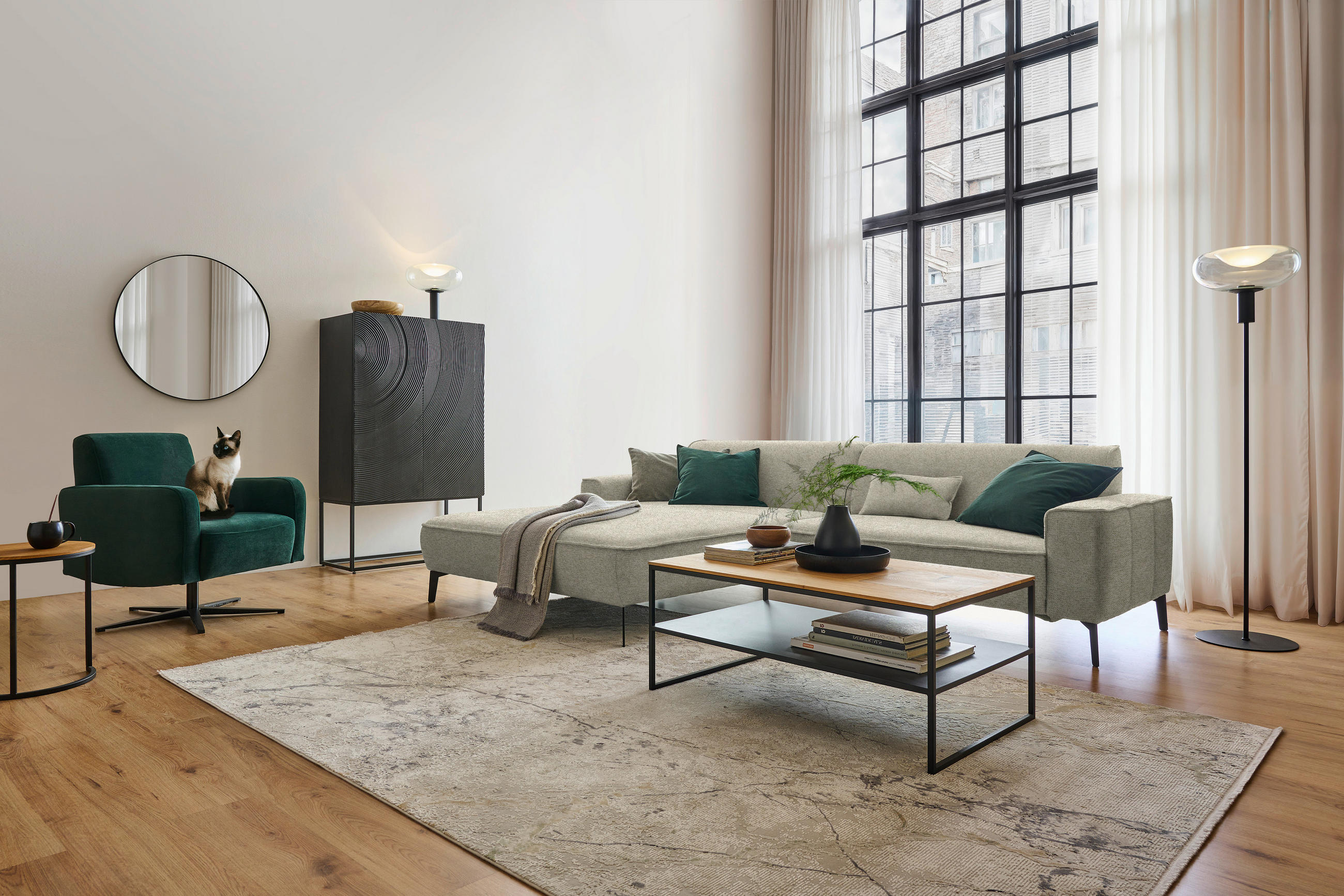 ECKSOFA in Flachgewebe Beige  190/285 cm  - Beige/Schwarz, Design, Textil/Metall (190/285cm) - Johann Jakob