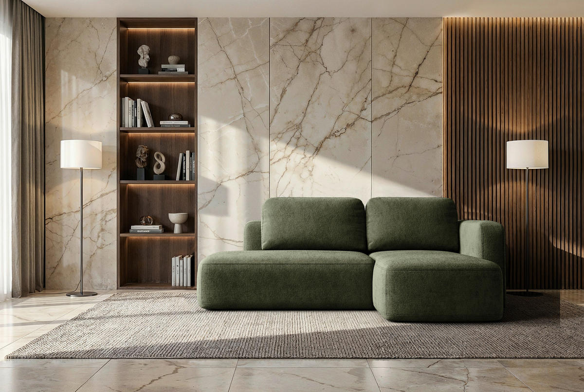 ECKSOFA Olivgrün Chenille Rückenkissen, Bettkasten, Schlaffunktion, Rücken echt, Liegefläche im Originalstoff  - Schwarz/Olivgrün, KONVENTIONELL, Kunststoff/Textil (244/160cm) - Milino