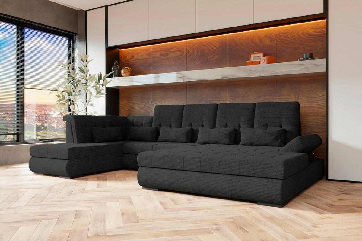 WOHNLANDSCHAFT Graphitfarben Struktur  - Schwarz/Graphitfarben, KONVENTIONELL, Kunststoff/Textil (222/358/212cm) - Carryhome