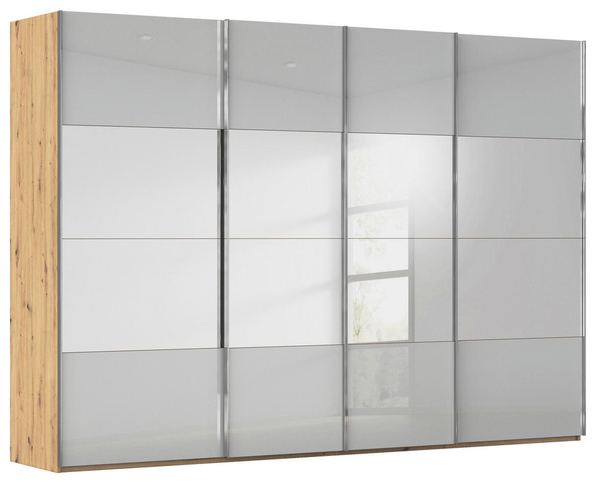 SCHWEBETÜRENSCHRANK 316/223/68 cm 4-türig Grau, Eiche Artisan  - Chromfarben/Eiche Artisan, Design, Glas/Holzwerkstoff (316/223/68cm) - Novel
