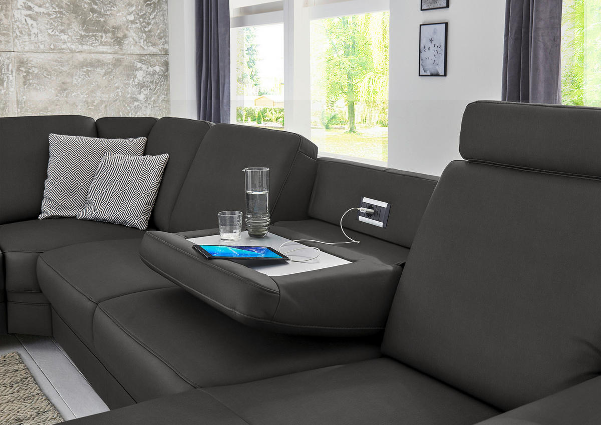WOHNLANDSCHAFT Echtleder Dunkelgrau  - Dunkelgrau/Alufarben, Konventionell, Leder/Metall (239/329/165cm) - Beldomo Premium