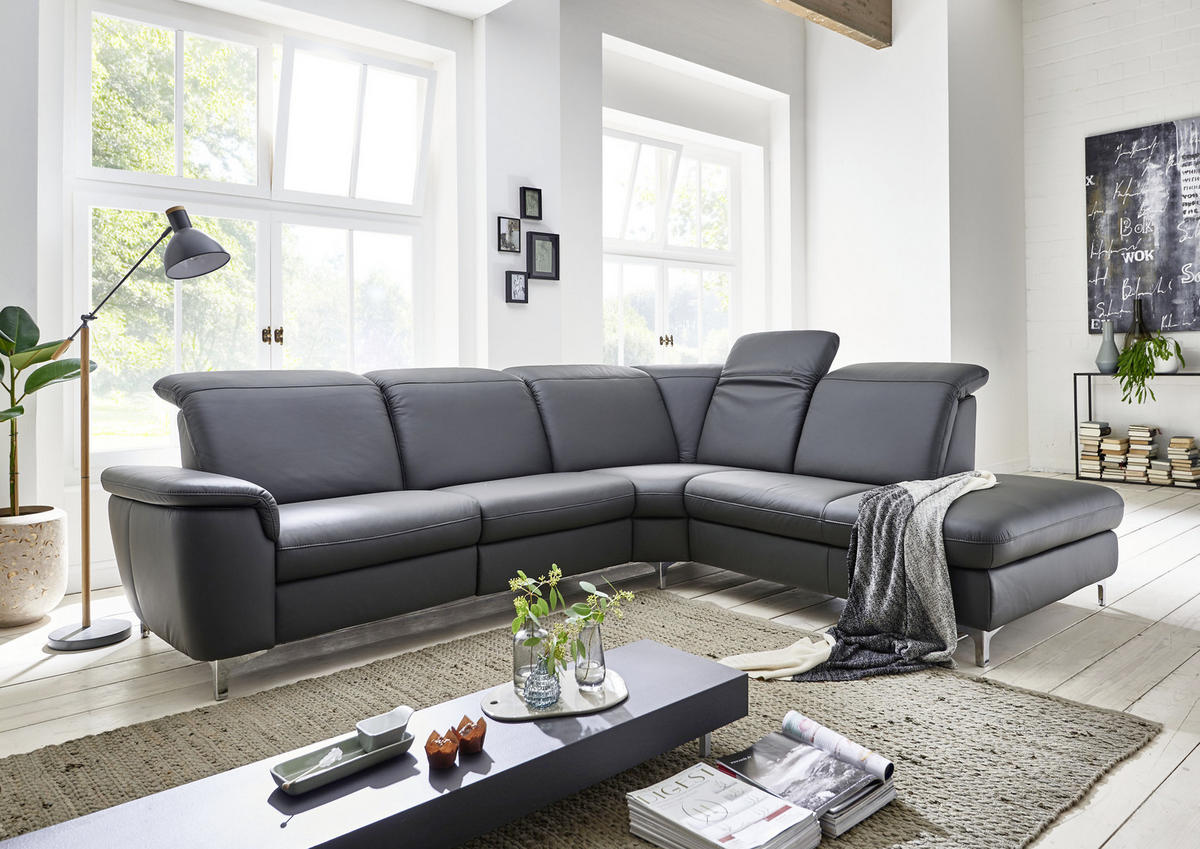 ECKSOFA Anthrazit Echtleder  - Chromfarben/Anthrazit, KONVENTIONELL, Leder/Metall (292/242cm) - Cantus