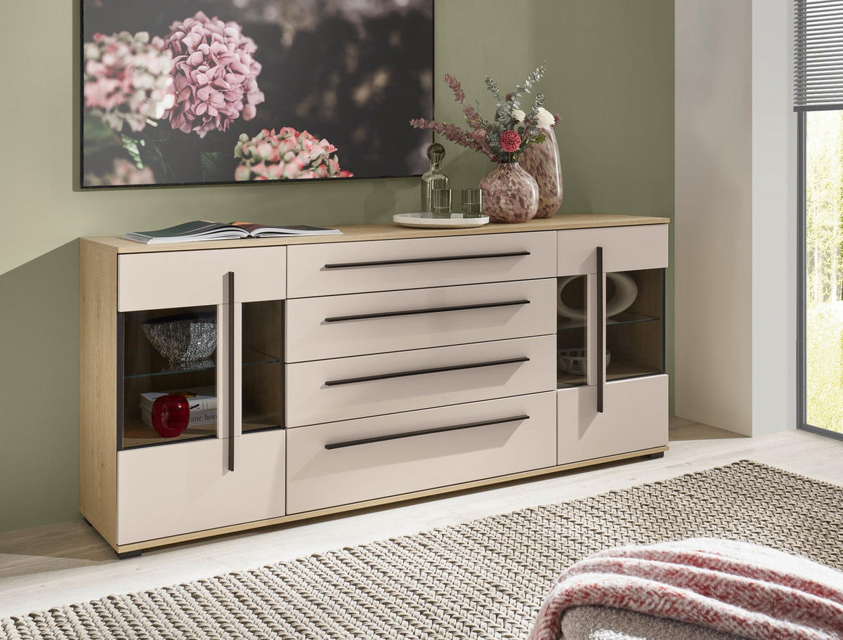 SIDEBOARD  200/86/42 cm 4 Schublade(n)  - Kaschmir/Eichefarben, Design, Glas/Holzwerkstoff (200/86/42cm) - Livetastic