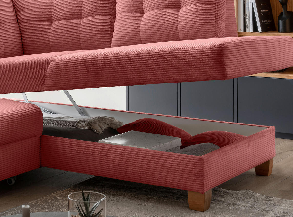 ECKSOFA in Cord Koralle  - Koralle/Naturfarben, Modern, Holz/Textil (274/206cm) - Livetastic