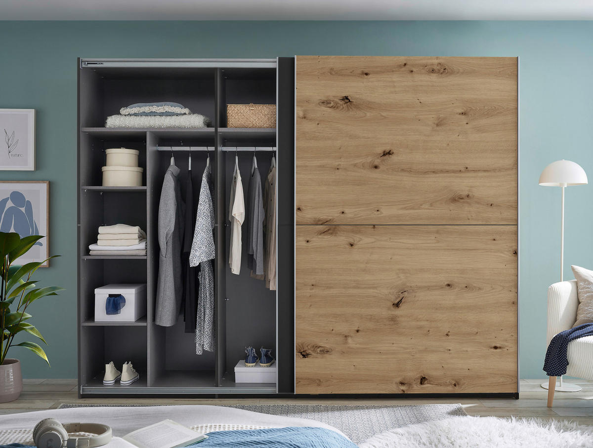 SCHWEBETÜRENSCHRANK in Graphitfarben, Eiche Artisan  - Alufarben/Graphitfarben, Modern, Holzwerkstoff/Metall (270/210/60cm) - Livetastic