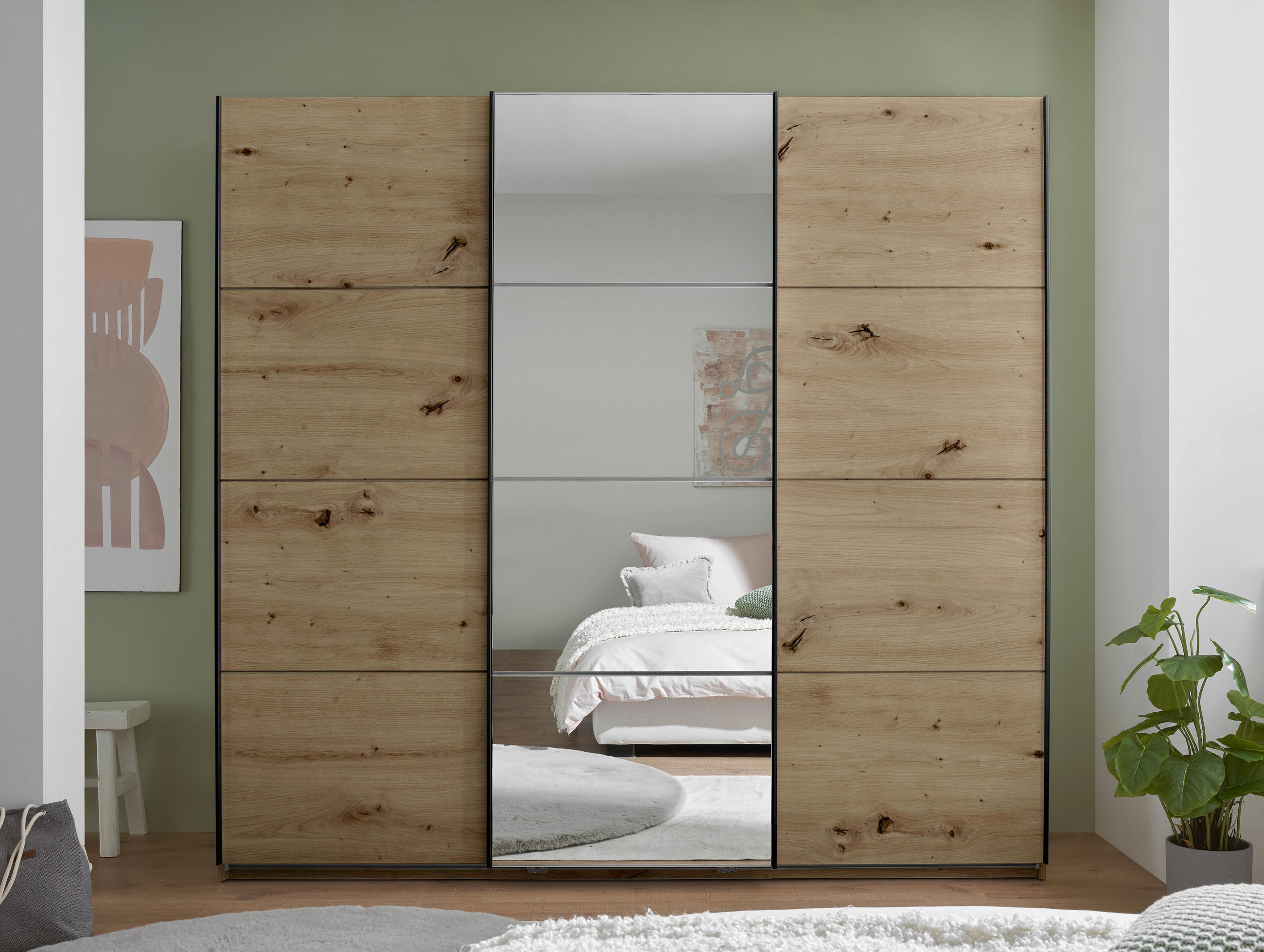 SCHWEBETÜRENSCHRANK 215/204/60 cm 3-türig Eiche Artisan  - Schwarz/Eiche Artisan, KONVENTIONELL, Glas/Holzwerkstoff (215/204/60cm) - Boxxx