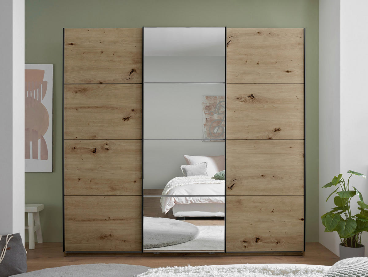 SCHWEBETÜRENSCHRANK 215/204/60 cm 3-türig Eiche Artisan  - Schwarz/Eiche Artisan, KONVENTIONELL, Glas/Holzwerkstoff (215/204/60cm) - Boxxx