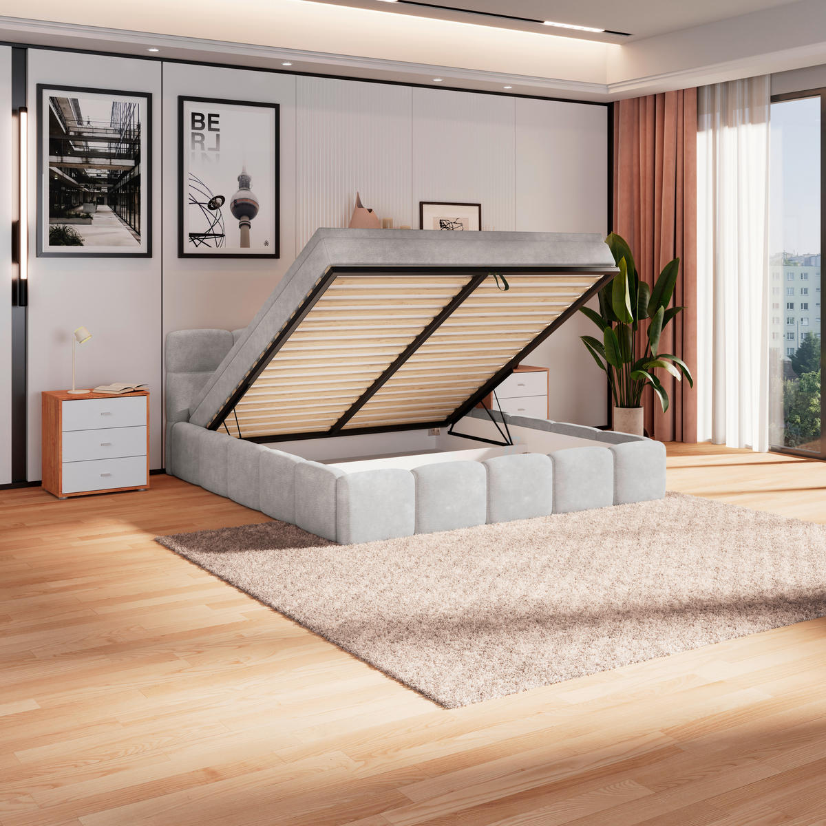 POLSTERBETT 160/200 cm,  in Hellgrau, Matratze, Bettkasten, H3 = fest  - Hellgrau/Schwarz, Trend, Kunststoff/Textil (160/200cm)