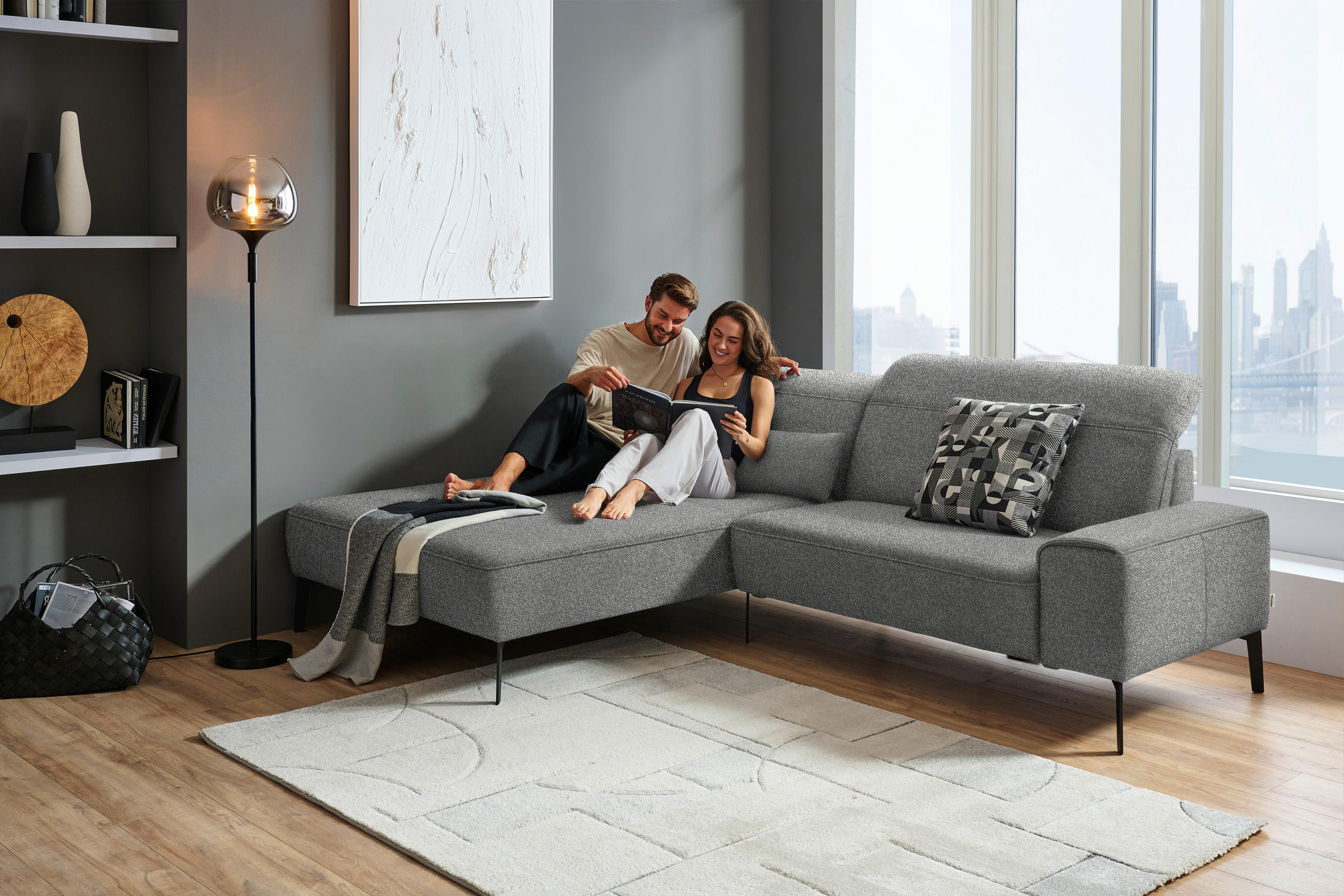 ECKSOFA in Mikrofaser Grau  - Schwarz/Grau, Design, Textil/Metall (203/266cm) - Johann Jakob
