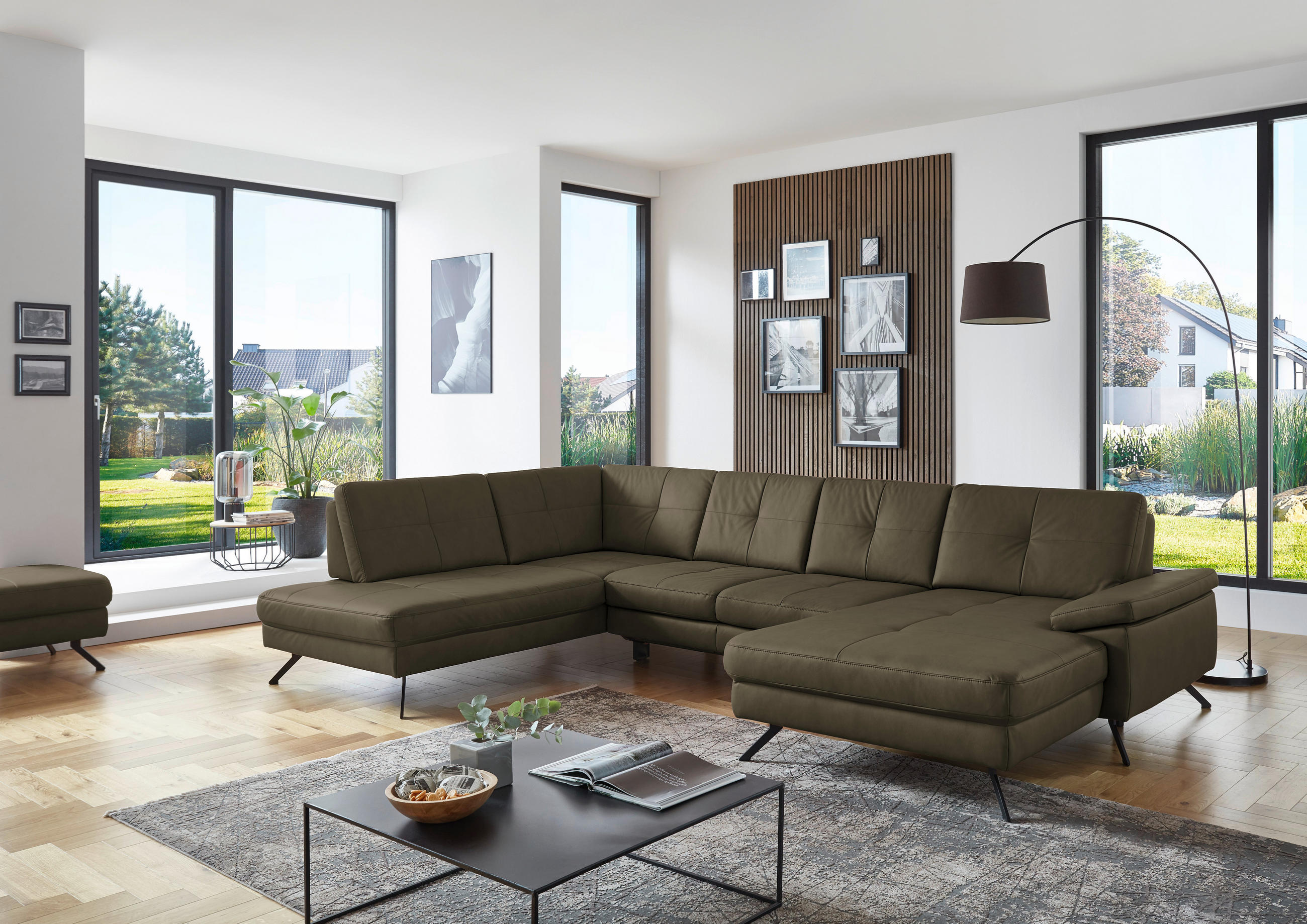WOHNLANDSCHAFT in Lederlook, Mikrofaser Olivgrün  - Schwarz/Olivgrün, Design, Textil/Metall (220/345cm) - Beldomo System